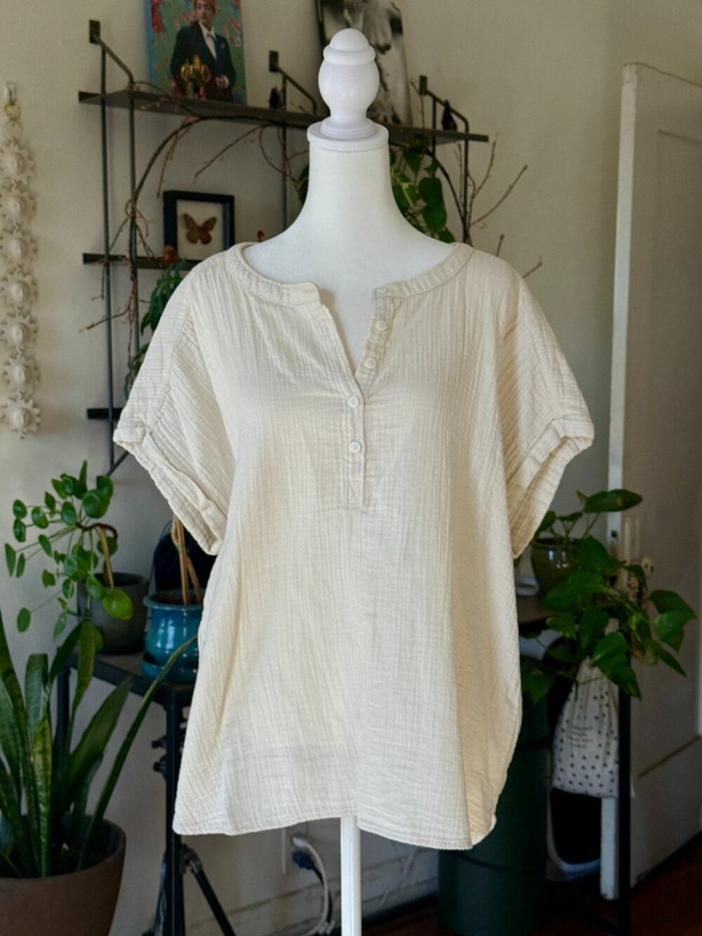 Quince Organic Cotton Gauze Roll Sleeve Shirt Cream Ivory XL Half Button Popover